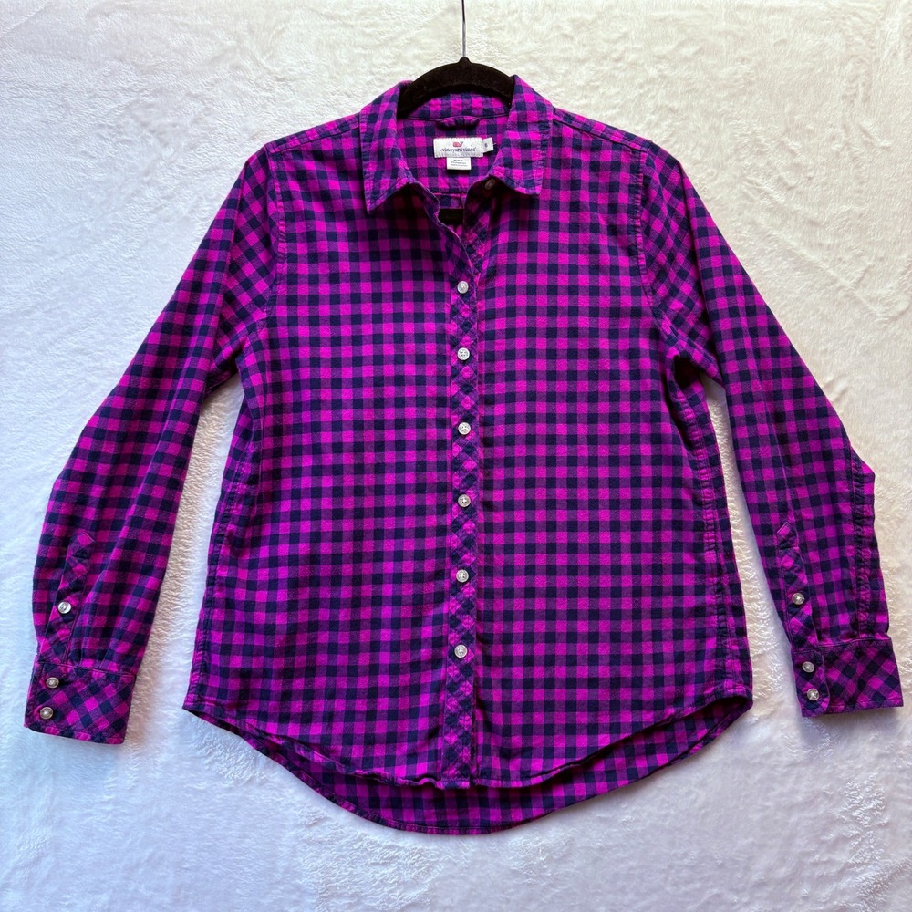 Vineyard Vines Shirt Women Sz‎ 6 Purple Flannel Plaid Button Down Dark Academia
